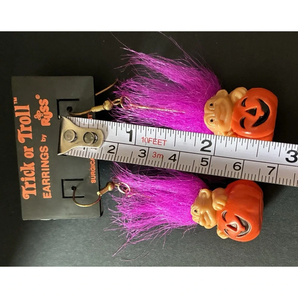 VTG Halloween Troll Doll Earrings RUSS Pumpkin Jack O Lantern Pierced Dangle y2k